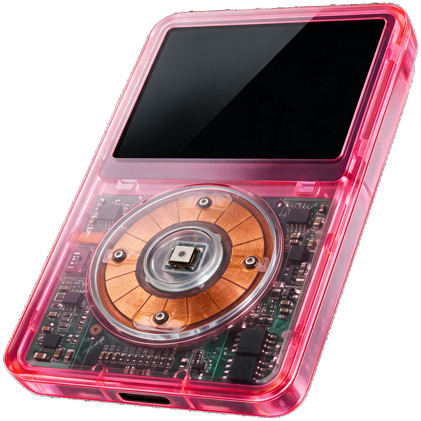 Static &mdash; front three-quarter view, translucent neon pink iPod Classic.